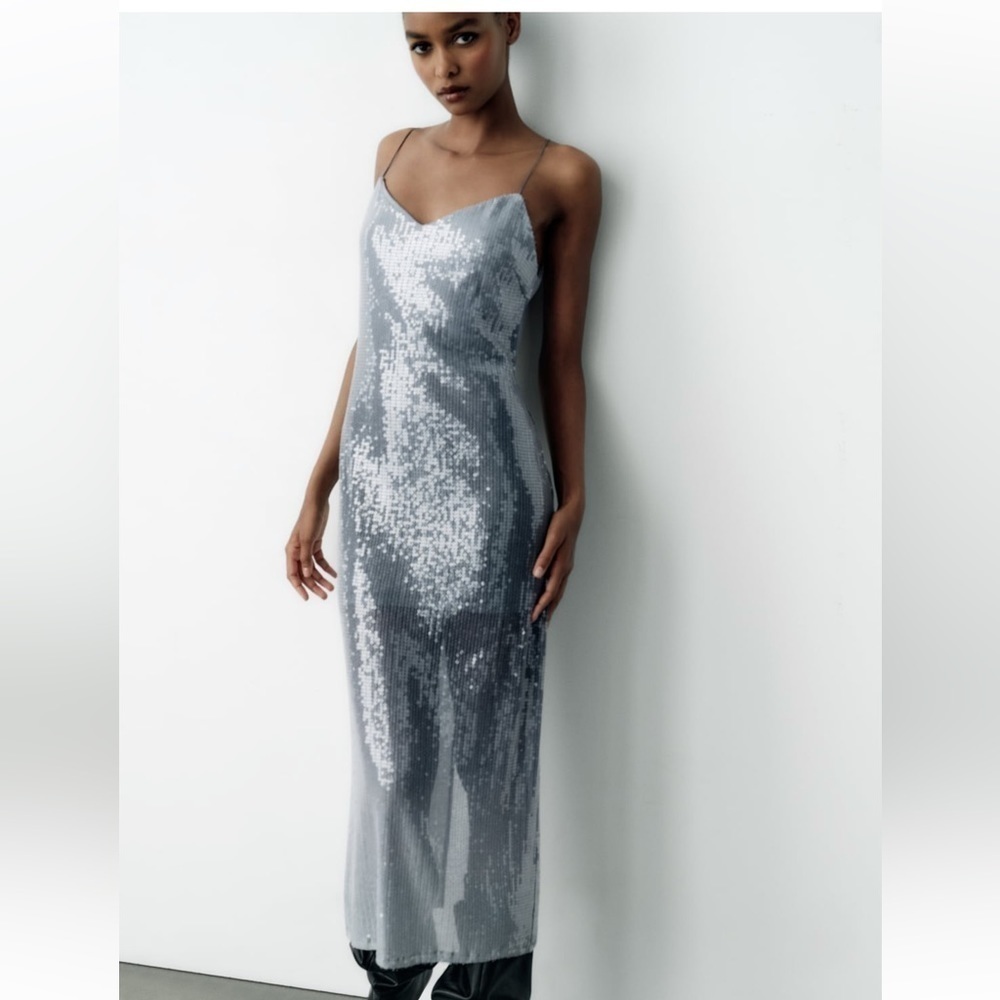 Zara NWT sequin midi dress silver - Picture 11 of 11